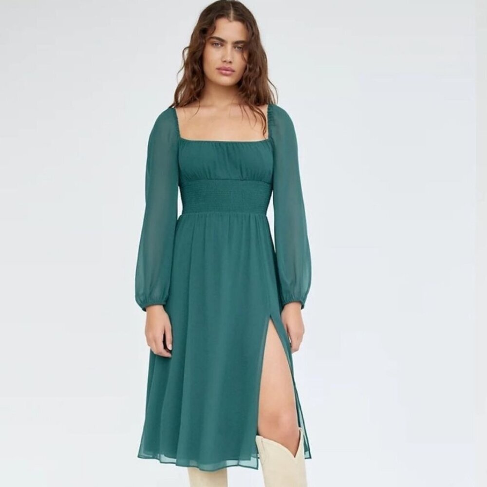 Wilfred Aritzia Green Bella Dress Slit Puff Sleeves Holiday Christmas Women's S